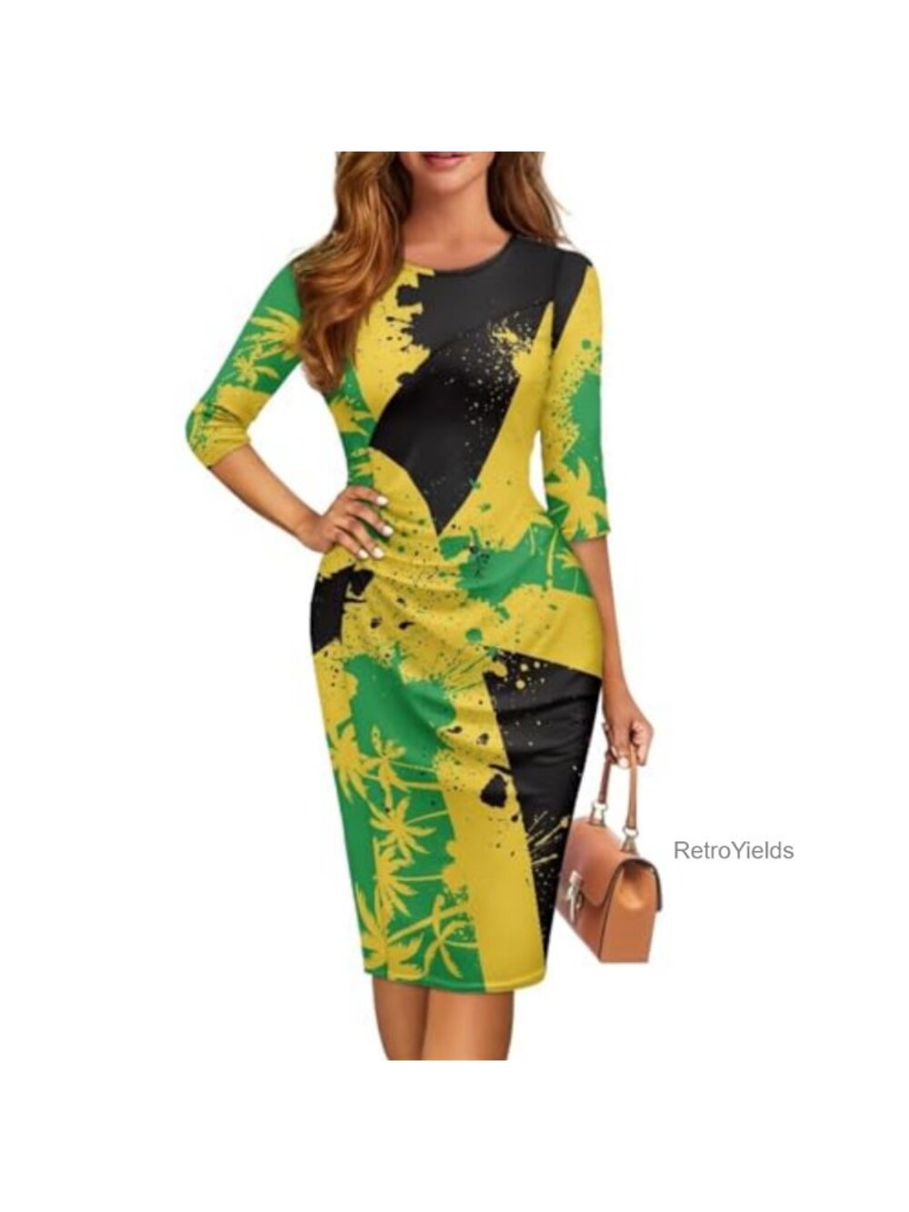 Women's 3/4 Sleeve Ruched Bodycon Midi Pencil Dress Work Cocktail